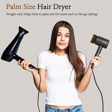 Компактний іонний фен для волосся 2000 Вт, складаний дорожній фен з дифузором та styling-насадкою, швидке сушіння, низький рівень шуму (Чорний)