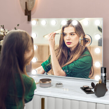 Дзеркало HOMCOM Hollywood зі світлодіодною підсвіткою 58x48 см, 15 LED, 3 режими освітлення, 10-кратне збільшення, портативне, сенсорний вимикач, USB-роз'єм для зарядки, біле
