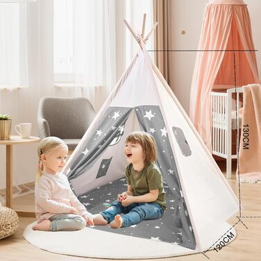 Дитячий намет-типі Kindertipi Dacron 120x120x160 см з вікном, миється, для дитячої кімнати, 4-х стовпчиків, білий (сірий та білий)