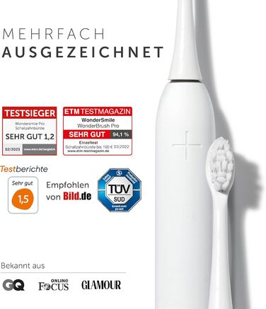 Електрична зубна щітка Wondersmile PRO - переможець тесту 2025 - 100 днів без ризику - TÜV-сертифікована, 4 програми, акумулятор 60 днів, смарт-насадка, 1 шт. (All White Bundle)