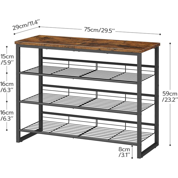 Полиця для взуття, 5-шарова шафа для взуття, регульована полиця для взуття, плоска або відкидна, на 12-16 пар, стійка, для передпокою, вітальні, спальні, вінтажна коричнево-чорна EBF08XJ01 (75 х 29 х 59 см)