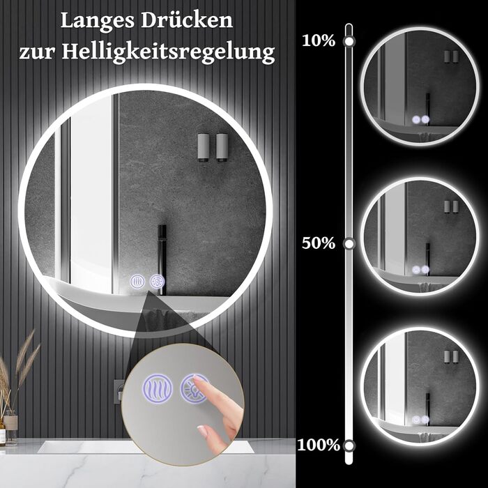 Дзеркало для ванної кімнати кругле LED з підсвічуванням 60 см, IP44. Кругле дзеркало з LED підсвічуванням для ванної кімнати, сенсорне керування, 60x60 см
