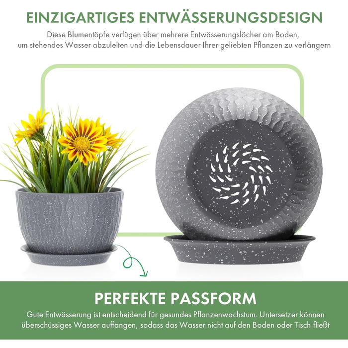 Набір горщиків для квітів з системою поливу (3 шт.), 20.3/17.8/15.2 см, сірий з білими крапками, для дому та балкона