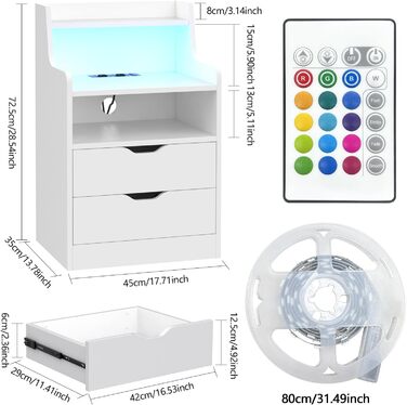 Приліжкова тумбочка Lvhecforhm із зарядною станцією, світлодіодне підсвічування, порти USB, 2 висувні ящики, високий глянець, набір з 2 шт.