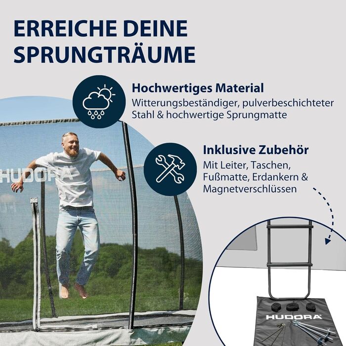 Батут садовий HUDORA Fantastic Complete Max: діаметр 300 см, з захисною сіткою, драбиною та захисним бортом, навантаження до 120 кг