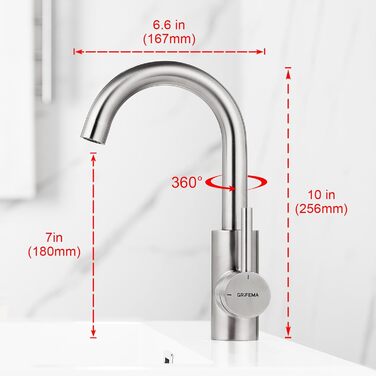 Змішувач для ванної кімнати GRIFEMA, 360° поворотний, однорідний, нержавіюча сталь, 180 мм, холодна та гаряча вода, економія води, проста установка, 3/8″ з'єднання, для гостьового туалету, G1002A сірий