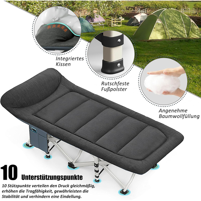 Розкладне кемпінгове ліжко CALIYO з матрацом, 200x80x40 см, витримує до 200 кг, сталевий каркас та тканина Оксфорд, чорне, з сумкою для зберігання