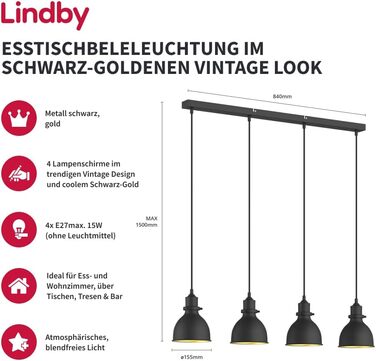 Підвісний світильник для обіднього столу Lindby Чорне золото, підвісний світильник металевий, 4 шт. E27 макс. 60 Вт, без лампочки, підвісний світильник промисловий, вінтажний підвісний світильник