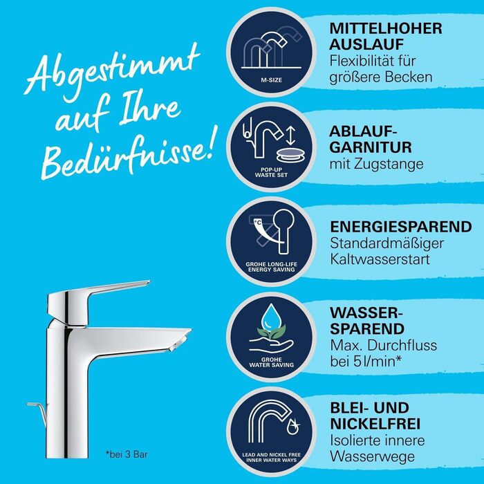 Змішувач для ванної кімнати Grohe Start, економічний, холодна вода в середньому положенні, з Pop-Up переливом, 17 см, хром, 23551002