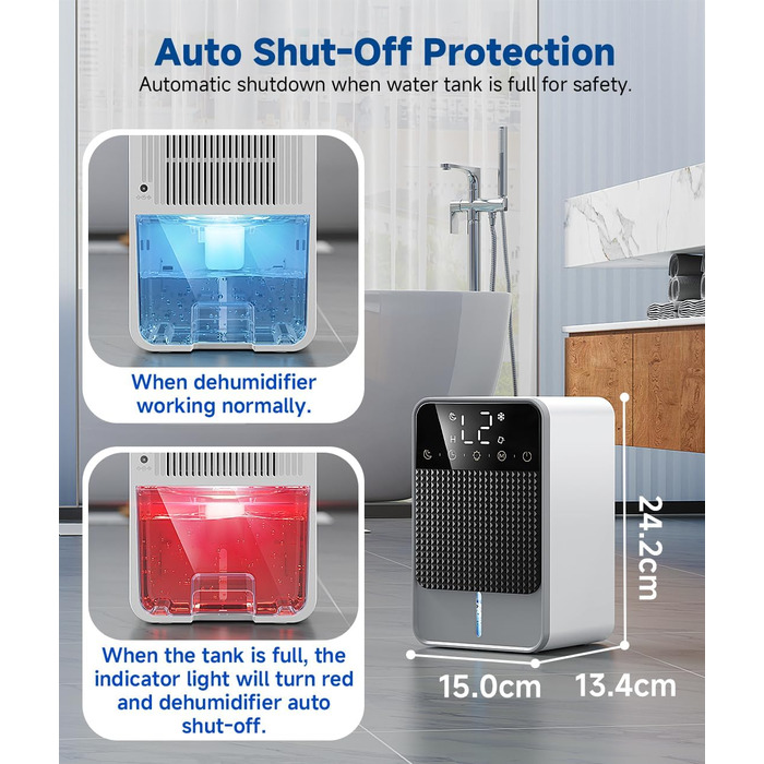 Електричний осушувач повітря 1800 мл з тихою роботою, функцією відтавання та автовимкнення, 7 кольорових підсвіток, портативний осушувач для спальні, ванної кімнати, підвалу, продуктивність 560 мл/24 год