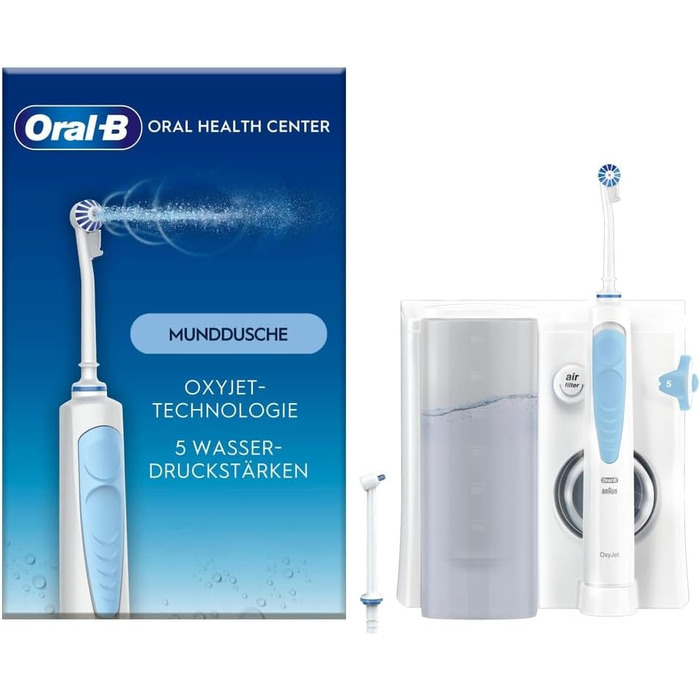 Іригатор Oral-B Oral Health Center з 2 насадками, для очищення міжзубного простору, з Oxyjet-технологією, 5 рівнів тиску, білий/блакитний