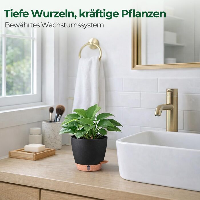 Набір 4 самополивні горщики T4U 15 см з індикатором рівня води, для дому та саду, чорний