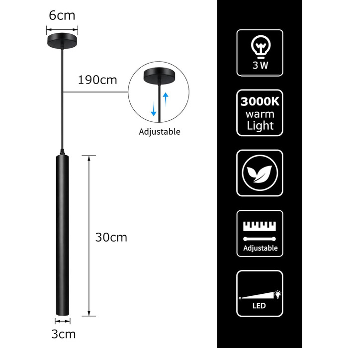 Світлодіодний підвісний світильник ACMHNC, набір з 2-циліндрових підвісних світильників чорний, регульований по висоті, теплий білий, 30см