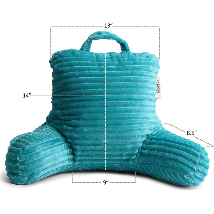 Крісло-подушка Clara Clark для дорослих - спинка для сидіння в ліжку, стандартна плюшева подушка для ліжка, подушка з наповнювачем з подрібненого пінополіуретану з підлокітниками та кишенями, срібляста (Small, блакитно-зелений)