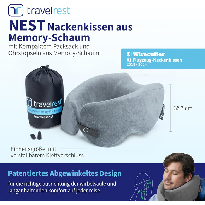 Подушка для шиї Travelrest Nest з Memory Foam - підтримка шиї для подорожей, літаків, довгих поїздок. Ідеально для дорослих, комфорт, знімний чохол - сіра