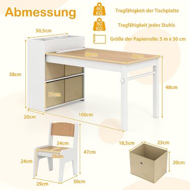 Дитячий столик та 2 стільчики DREAMADE з дерева, з паперовою рулонною полицею, 4 текстильними боксами та відділеннями для зберігання. Дитячий столик для малювання та ігор у дитячу кімнату (Натуральне дерево)