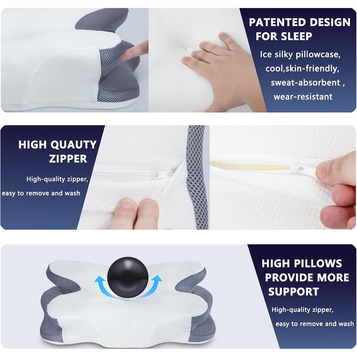 Подушка для шиї Enighs для зняття напруги, подушка з memory foam, ергономічна подушка для шиї для тих, хто спить на боці, спині та животі з охолоджуючими чохлами 63*38*13.5/10 см