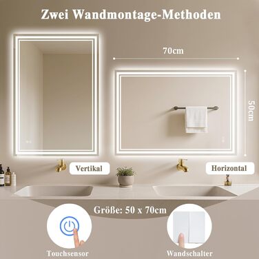 Дзеркало для ванної кімнати Badspiegel з підсвічуванням 50x70 см LED, сенсорне управління, регулювання яскравості, 3 кольори світла, антизапарник, настінне, горизонтальне/вертикальне