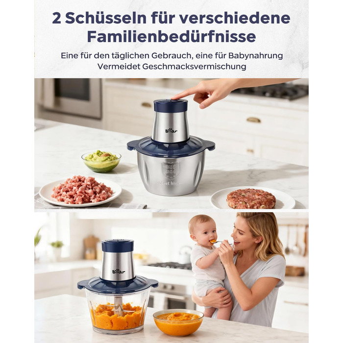 М'ясорубка електрична Bear 2л + 1.8л, подрібнювач зі скляною та нержавіючою сталлю, 600W, 2 швидкості, 4 сталеві ножі для м'яса, дитячого харчування, овочів та фруктів