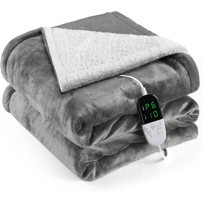 Електрична ковдра з таймером та пультом керування, 133x155 см, 6 режимів нагріву, машинне прання, сіра