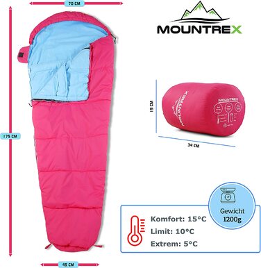Дитячий спальний мішок MOUNTREX - портативний, як рюкзак-дитячий спальний мішок (175 x 70 x 45 см - Легкий і компактний спальний мішок з Мумією для активного відпочинку, подорожей , кемпінгу-підкладка з 100 бавовни (Рожевий / Синій, 175 x 70 x 45 см)