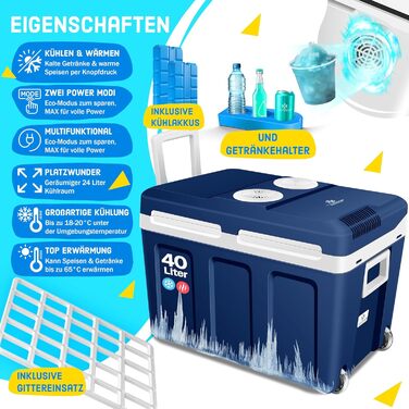 Термохолодильник KESSER® 40L на колесах | Холодильник-термос 12/230V | Охолоджує та нагріває | Для авто, човна та кемпінгу | З акумуляторами холоду та тримачами для напоїв (Темно-синій)