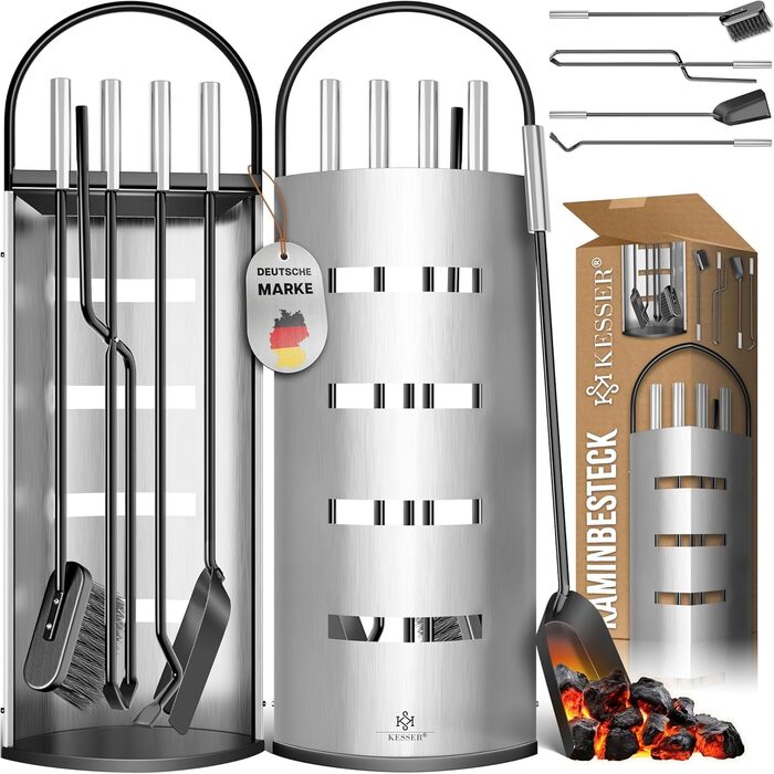 Набір камінне приладдя KESSER® 5 предметів | Сучасний дизайн, з покриттям, високоякісна камінна гарнітура | Besen, Schaufel, Schürhaken, Zange, Ständer mit Sichtschutz Edelstahl (Silver)