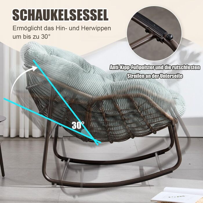 Крісло-гойдалка LIFEISLE з ротангу, крісло-шезлонг для дому та саду, крісло-гойдалка у формі яйця для вітальні, балкону, саду, на вулиці та в приміщенні, Cord White, білий (тканина Cord, світло-зелений)