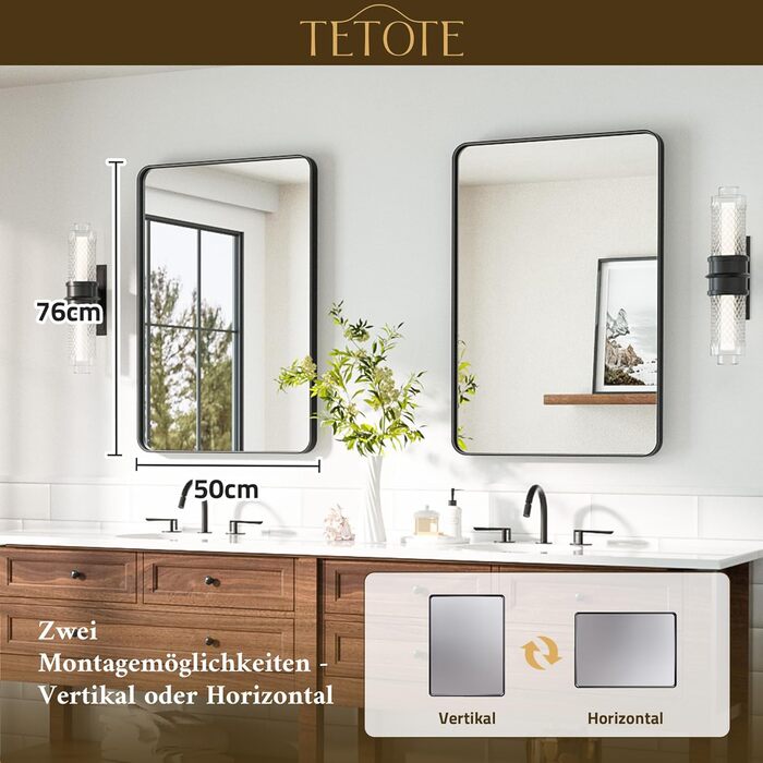 Дзеркало для ванної кімнати TETOTE 50x75 см, чорне, прямокутне, з металевим каркасом, з закругленими кутами, для раковини, з загартованого скла