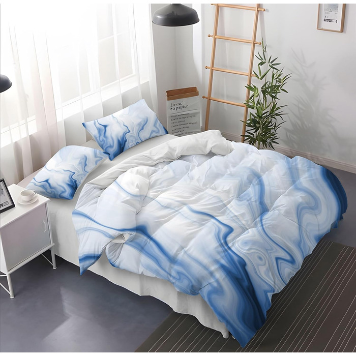 Сірий комплект постільної білизни 180x200 см Геометричний дизайн, двостороння постільна білизна з м'якої мікрофібри, гіпоалергенна, 3 частини: простирадло, ковдра та 2 наволочки 80x80 см. Сучасний дизайн, блакитна текстура.