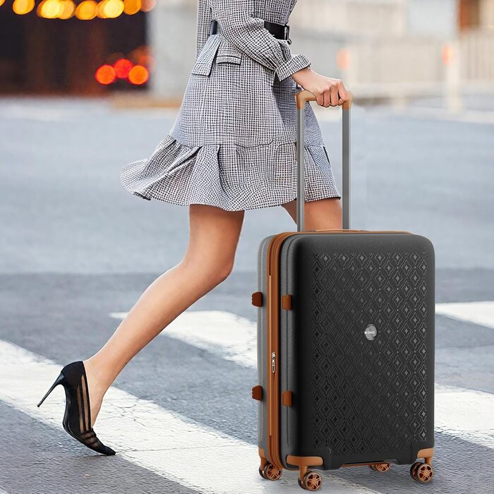 Чемодан ручної поклажі KONO з тримачем для напоїв, жорсткий корпус, легкий, поліпропілен, розширюваний, з 4 колесами та TSA замком (Чорний/Коричневий, M)