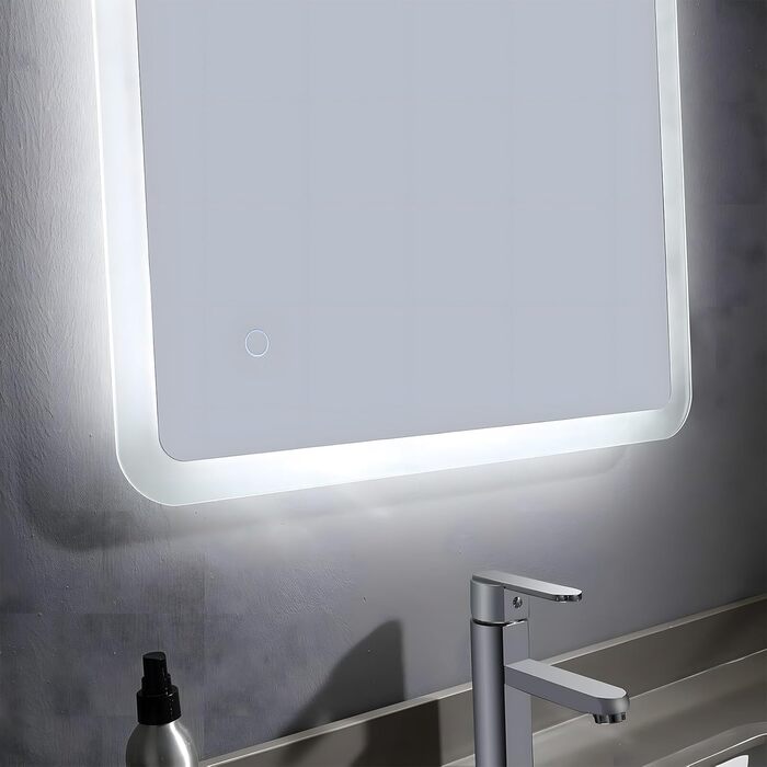 MIQU Дзеркало для ванної кімнати з підсвічуванням LED 60x50 см, сенсорне, проти запотівання, з Bluetooth та розеткою, 3 кольори світла, диммування