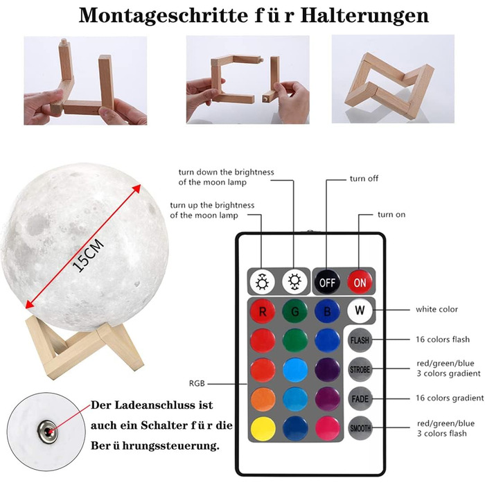Місячна лампа, 16 кольорів, пульт дистанційного керування, 15 см, нічник для дитячої кімнати, 2024 Upgrade 3D