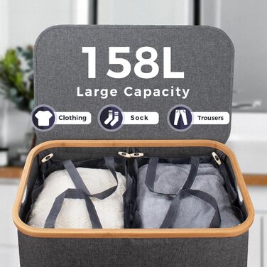 Кошик для білизни Rieeyrslza з кришкою 158л з бамбука та тканини Оксфорд, знімні мішки для білизни, складний сортер для білизни, багатофункціональний кошик для зберігання (сірий)