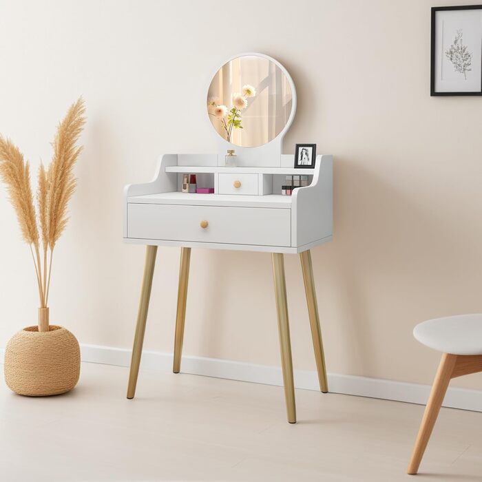 Дзеркальний туалетний столик DATO з LED-підсвічуванням, 3 режими кольору та регулюванням яскравості, з пуфом, 5 шухляд та 3 полиці, розсувний дзеркало (121)