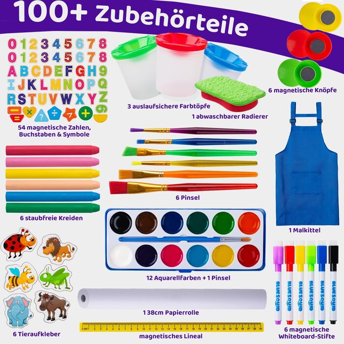 Дитяча мольберт Blue Squid Kinder Staffelei - регульована висота, двосторонній, з крейдяною та магнітною дошками, рулон паперу, 100+ аксесуарів, для дітей 3-12 років, преміум-якість 2025