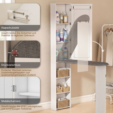 Шафа для прасувальної дошки зі дзеркалом та полицями, компактна, біла - 106x35x174 см