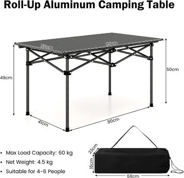 Розкладний кемпінговий стіл, Портативний розкладний стіл з сумкою для перенесення, Алюмінієвий стіл для пікніка на 4 персони, 95 x 55 x 50 см, Розкладний стіл для кемпінгу, пікніка