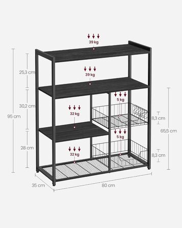 Стійка для кухні VASAGLE з 2 металевими кошиками, пекарська стійка з гачками та полицями, для мікрохвильової печі, 35 x 80 x 93,5 см, золотий дуб + білий (антрацитовий сірий + чорний)
