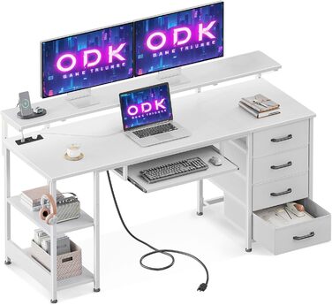 Письмовий стіл ODK з 4 шухлядами, комп'ютерний стіл з 2 розетками та 2 USB портами, стіл для ПК з полицею, ігровий стіл з висувною полицею для клавіатури, для офісу та вітальні, білий, 160x52 см