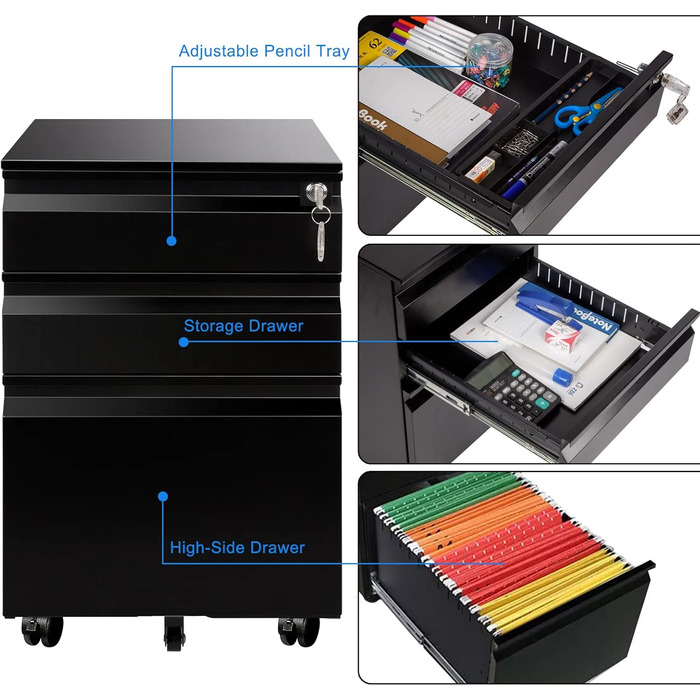 Роликовий контейнер DeHong з металу, мобільний офісний шафка з 3 висувними ящиками, офісний контейнер, з можливістю замка та регульованими паперовими відсіками, збірно-розбірний, для офісу, дому (J-чорний)