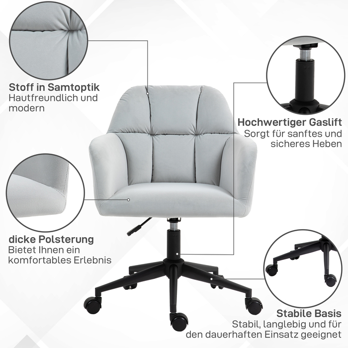 Крісло HOMCOM Swivel регульоване по висоті сучасне для вітальні та офісу, стілець-стілець з підлокітниками в оксамитовому стилі до 120 кг, світло-сірий