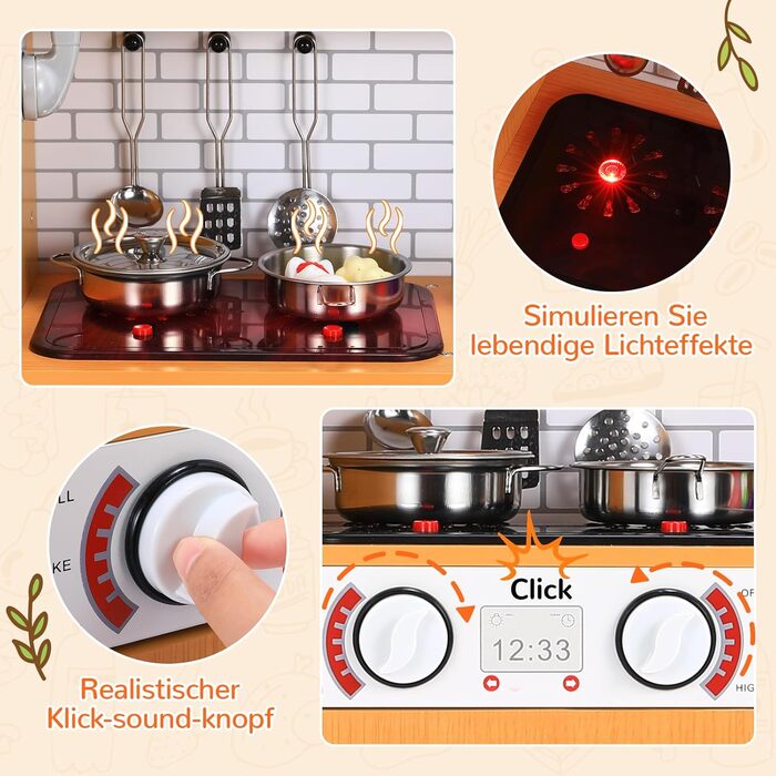 Дерев'яна дитяча кухня MAMIZO з підсвіткою та звуком, 82x80x25 см. Комплект аксесуарів, іграшка для дітей від 3 років, білий колір (біле дерево)