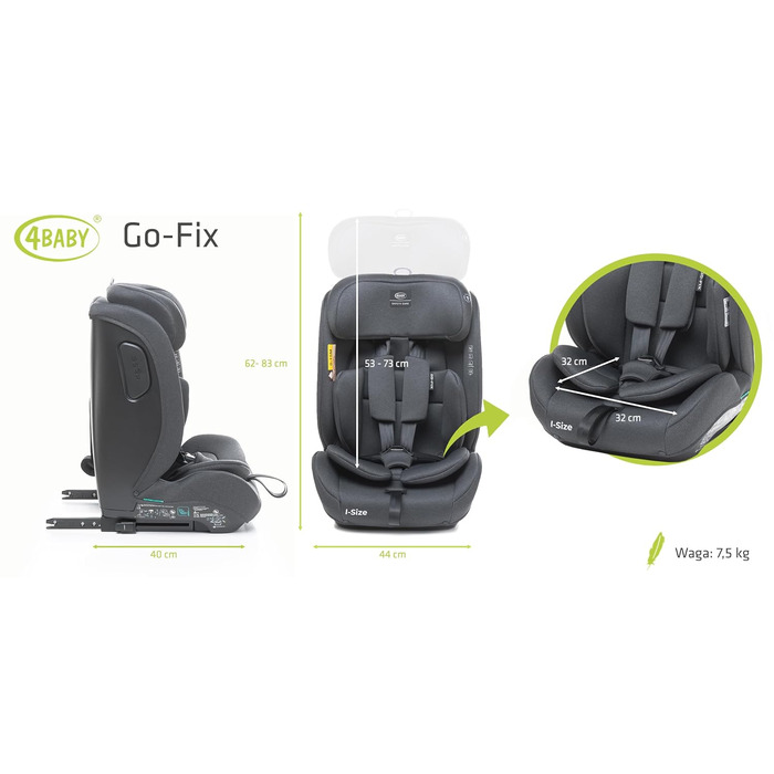 Автокрісло 4BABY Go-Fix I-Size (Graphite) для дітей 76-150 см з Isofix, регульоване, з підкладкою