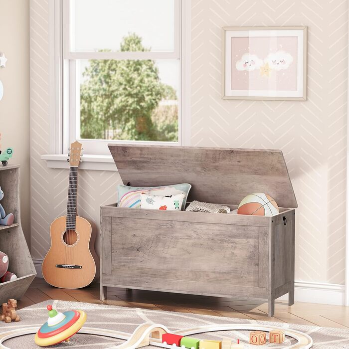 HOOBRO Скам'янка з ящиком, скриня для іграшок з кришкою, банкетка для взуття, скам'янка, ящик для зберігання, міцна, безпечні петлі, спальня, вітальня, 76 см, білий, 100 x 40 x 48 см, сірий