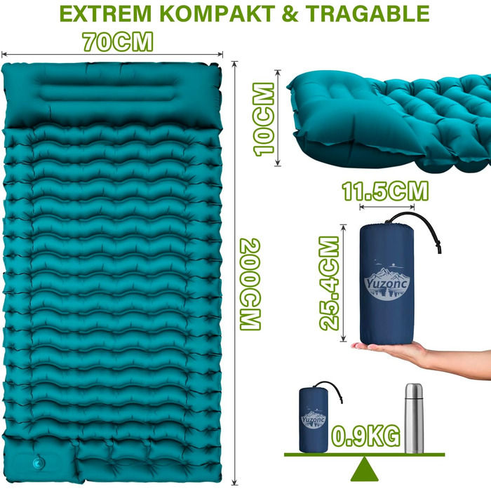 Кемпінговий надувний килимок Yuzonc з вбудованим насосом та подушкою, компактний легкий матрац для походу та пляжу (Темно-зелений)