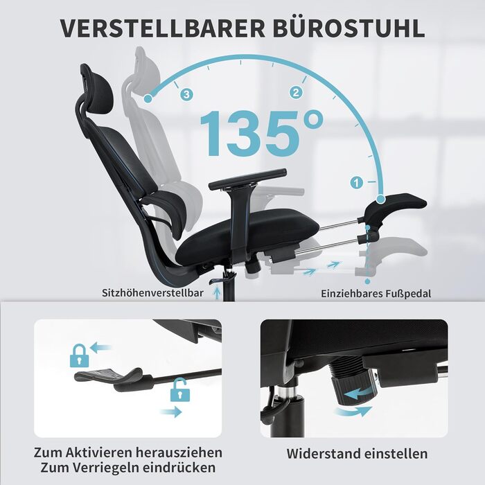 Ергономічне крісло для офісу з підніжкою, висока спинка, 2D підголівник, відкидні підлокітники, сидіння з губки, сітчастий офісний крісло, крісло для начальника, комп'ютерне крісло для дорослих, чорне