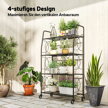 Металева підставка для рослин з 4 ярусами, міцна драбинка-стеллаж для квіткових горщиків на фіксованих колесах