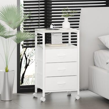 Нічний столик з 3 шухлядами, зарядний станція, 2 розетки AC та 2 USB, з роликами, білий