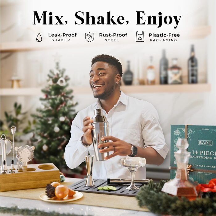 Набір для приготування коктейлів BARE BARREL® Mixology Barkeeper Kit: 14 предметів, 35 рецептів, професійний барний інвентар для дому